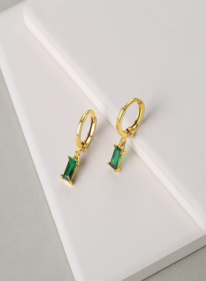 BLBLJERY Green Earrings 18k Gold Plated Huggie Earring with Dangle Simulated Emerald Earrings for Women Small Gold Huggie Hoop Baguette Earring - Image 4